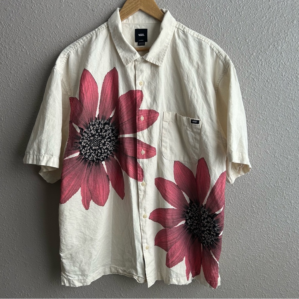 Vans Laurel Woven Cream Pink Floral Short Sleeve Cotton Linen Button Down Shirt - Picture 3 of 10